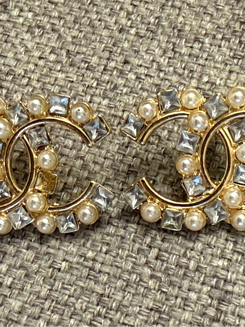 Gold-Tone Pearl & Crystal Interlocking Logo Earrings